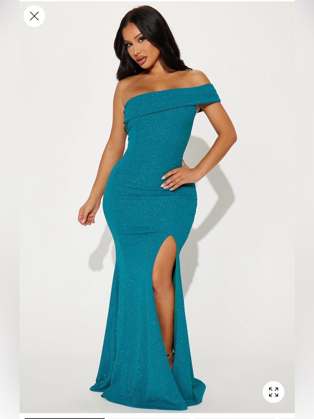 Fashion Nova Teal One-Shoulder Sparkle Gown with Thigh Slit